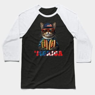 American Shorthair Merica Hotdog Patriotic 4th of July Baseball T-Shirt